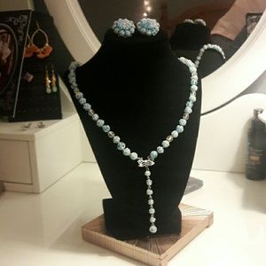Vintage Blue Frosted Necklace & Clip On Earrings